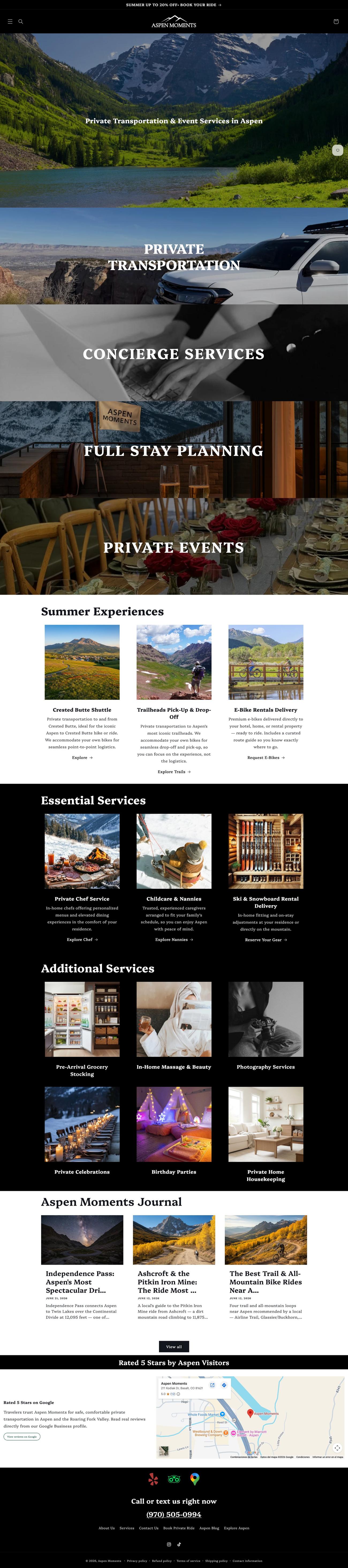 Aspen Moments private transportation and event services website, full page