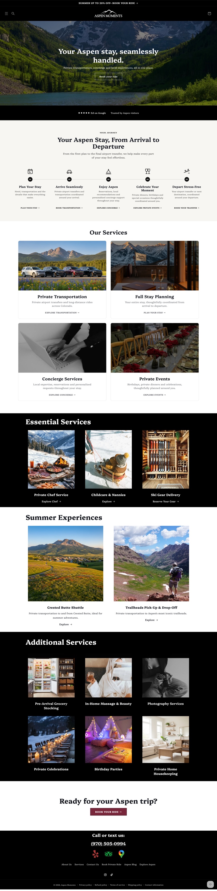 Sitio web de transporte privado y eventos de Aspen Moments, página completa