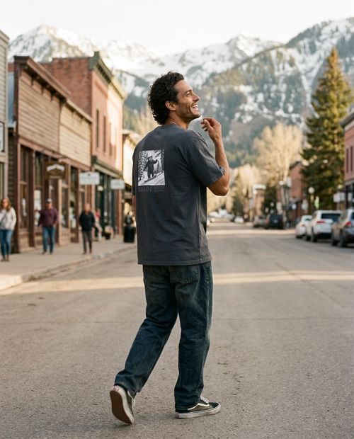 AI-generated lifestyle photo, Skade wordmark t-shirt
