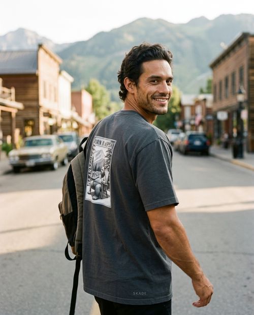 AI-generated lifestyle photo, Skade Born in Aspen t-shirt