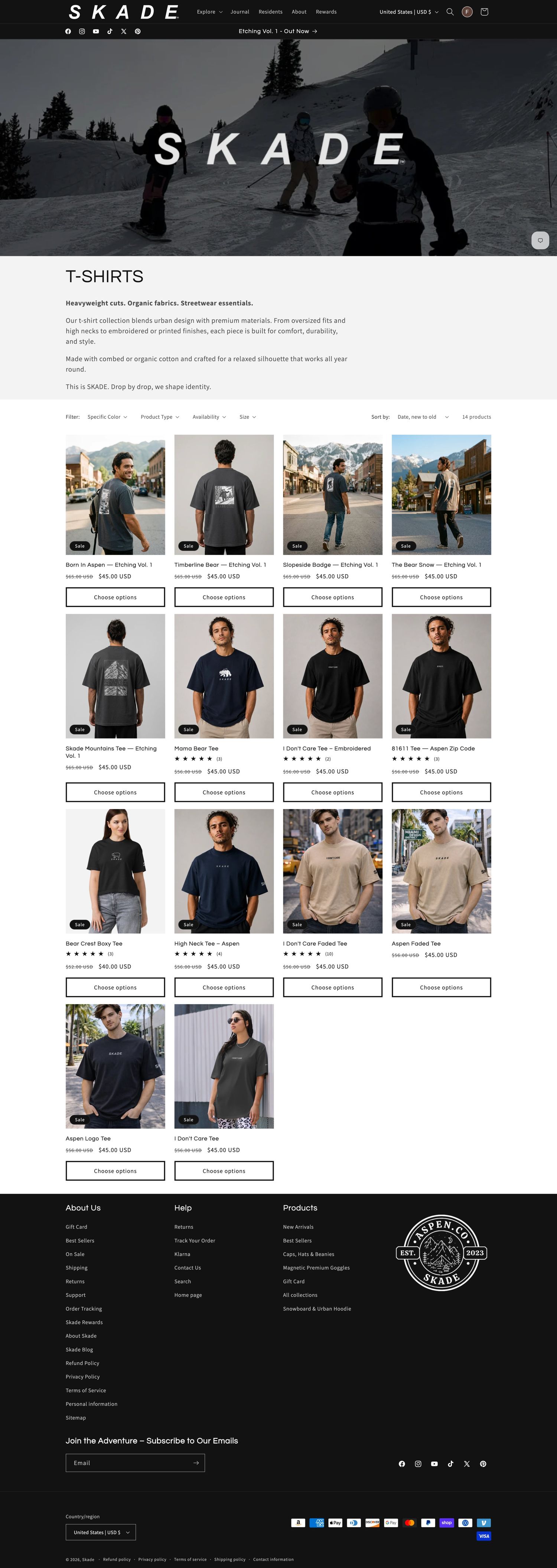 Skade t-shirt collection page with AI-generated digital models