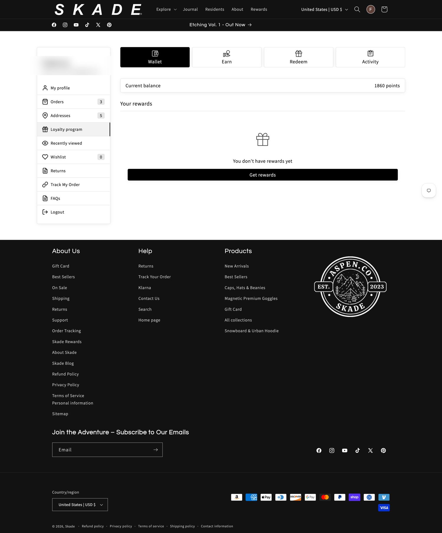 Skade Rewards member dashboard showing current points balance