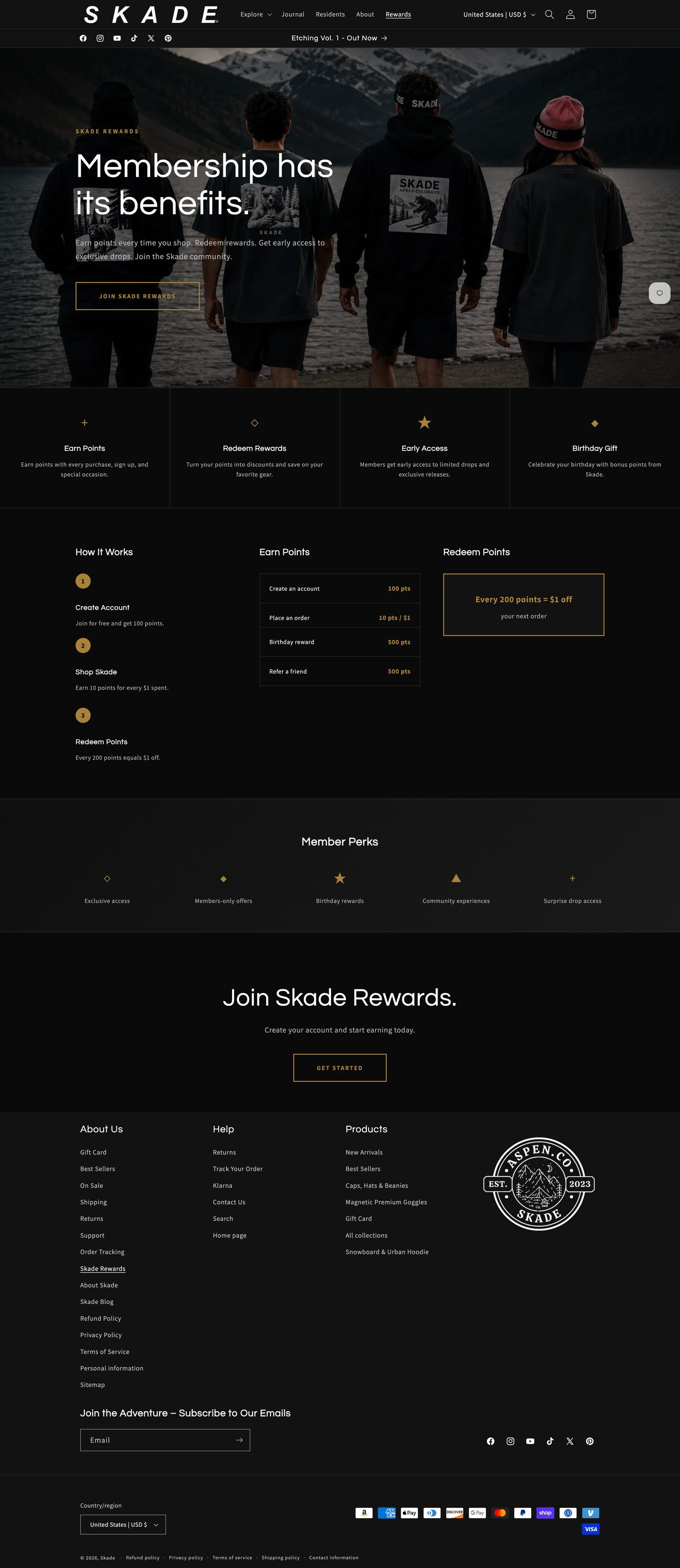 Skade Rewards program landing page — Membership has its benefits