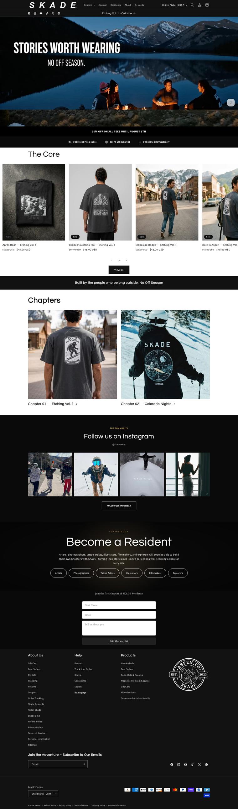 Sitio web de e-commerce de Skade, página completa